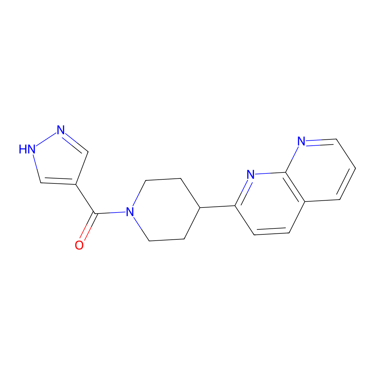 2-[1-(1H-pyrazole-4-carbonyl)piperidin-4-yl]-1,8-naphthyridine molecular structure, CAS 2640874-27-5