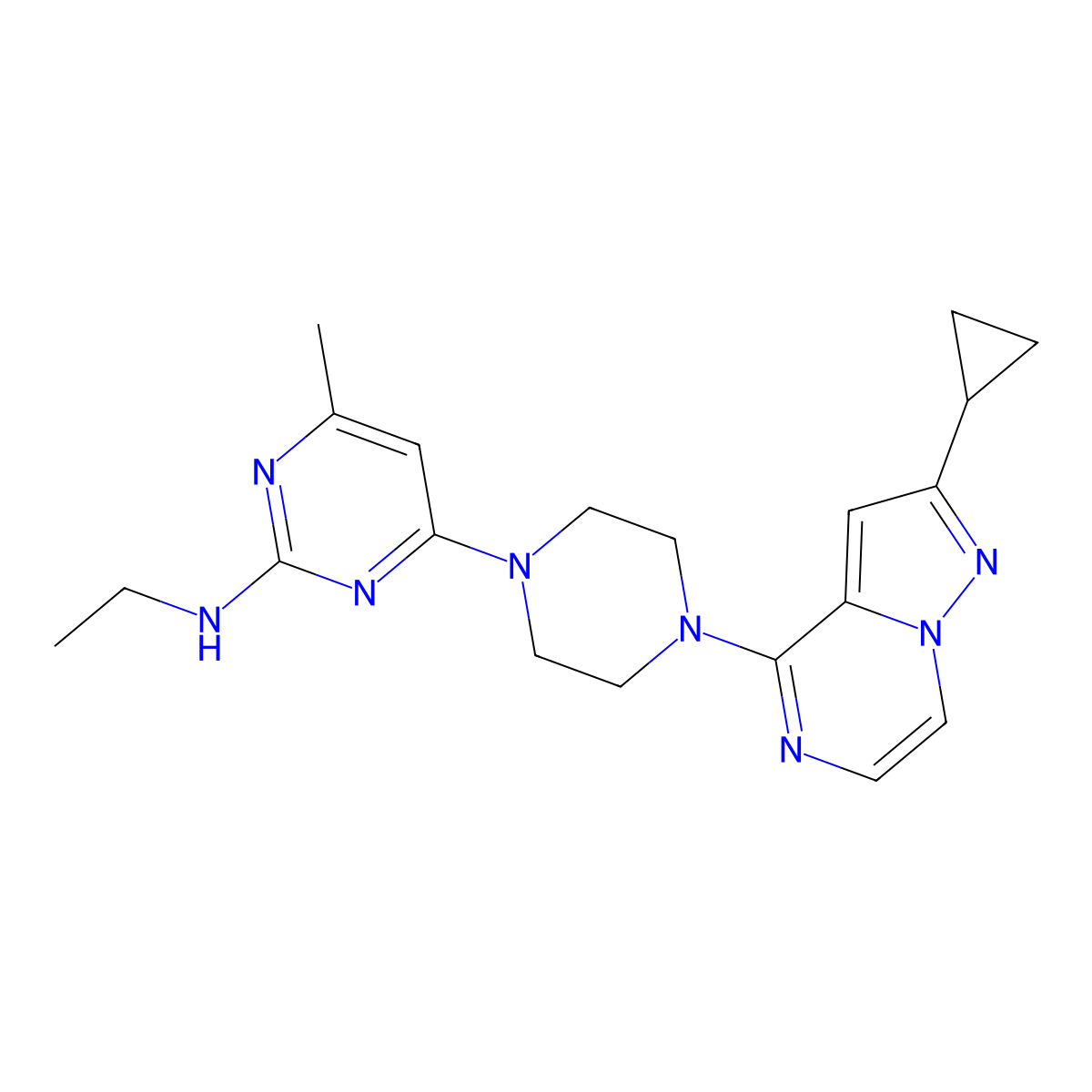 4-(4-{2-cyclopropylpyrazolo[1,5-a]pyrazin-4-yl}piperazin-1-yl)-N-ethyl-6-methylpyrimidin-2-amine molecular structure, CAS 2640874-34-4