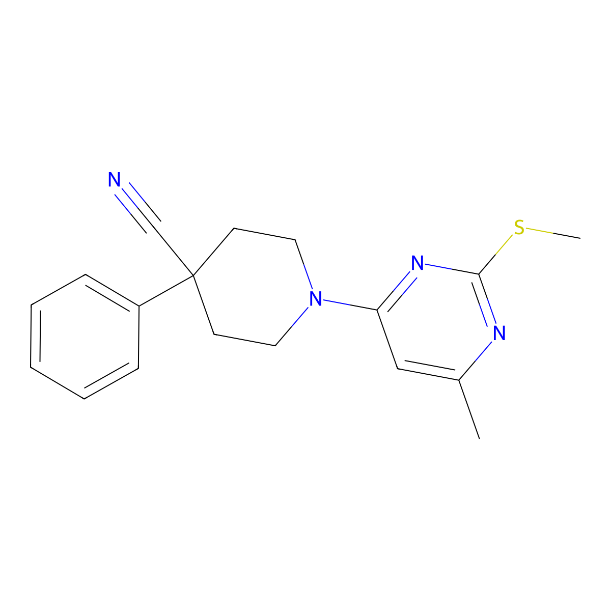 1-[6-Methyl-2-(methylsulfanyl)pyrimidin-4-yl]-4-phenylpiperidine-4-carbonitrile molecular structure, CAS 2640874-37-7