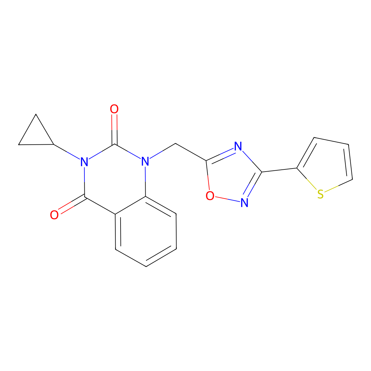 3-Cyclopropyl-1-{[3-(thiophen-2-yl)-1,2,4-oxadiazol-5-yl]methyl}-1,2,3,4-tetrahydroquinazoline-2,4-dione molecular structure, CAS 2640874-45-7