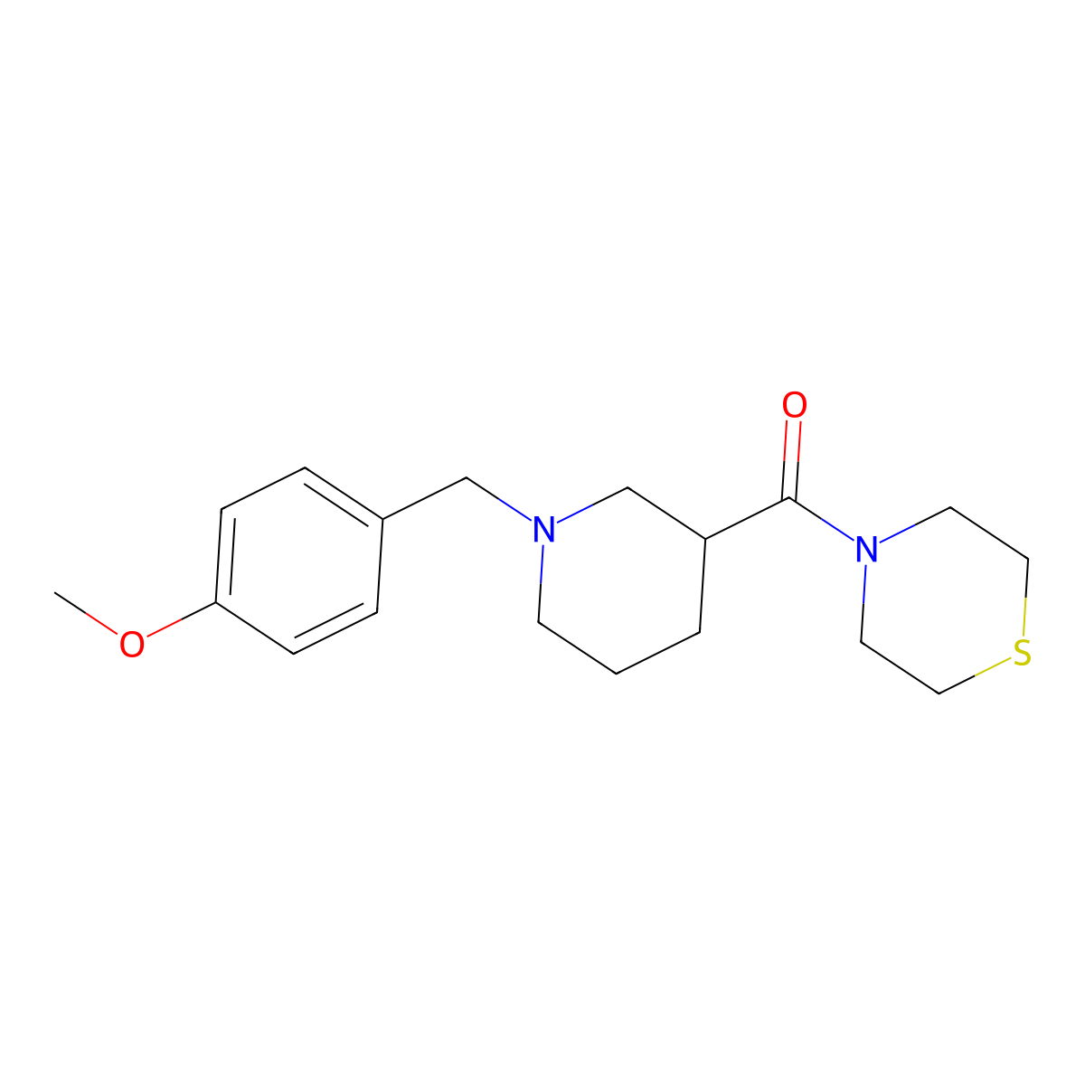 4-{1-[(4-Methoxyphenyl)methyl]piperidine-3-carbonyl}thiomorpholine molecular structure, CAS 2640874-49-1