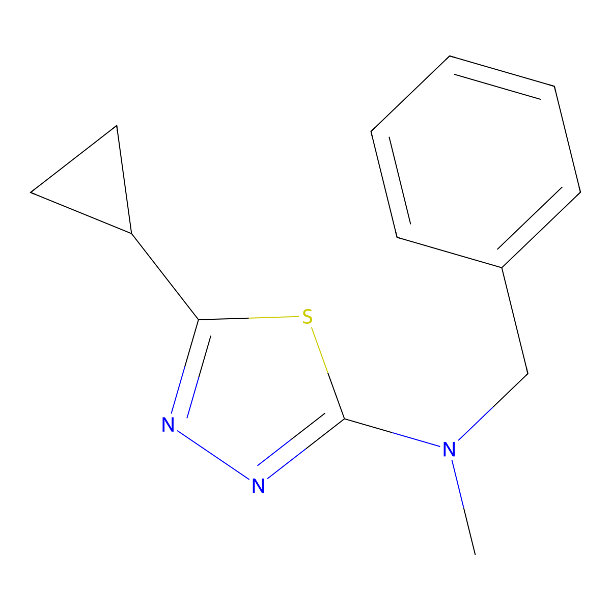 N-benzyl-5-cyclopropyl-N-methyl-1,3,4-thiadiazol-2-amine molecular structure, CAS 2640874-52-6