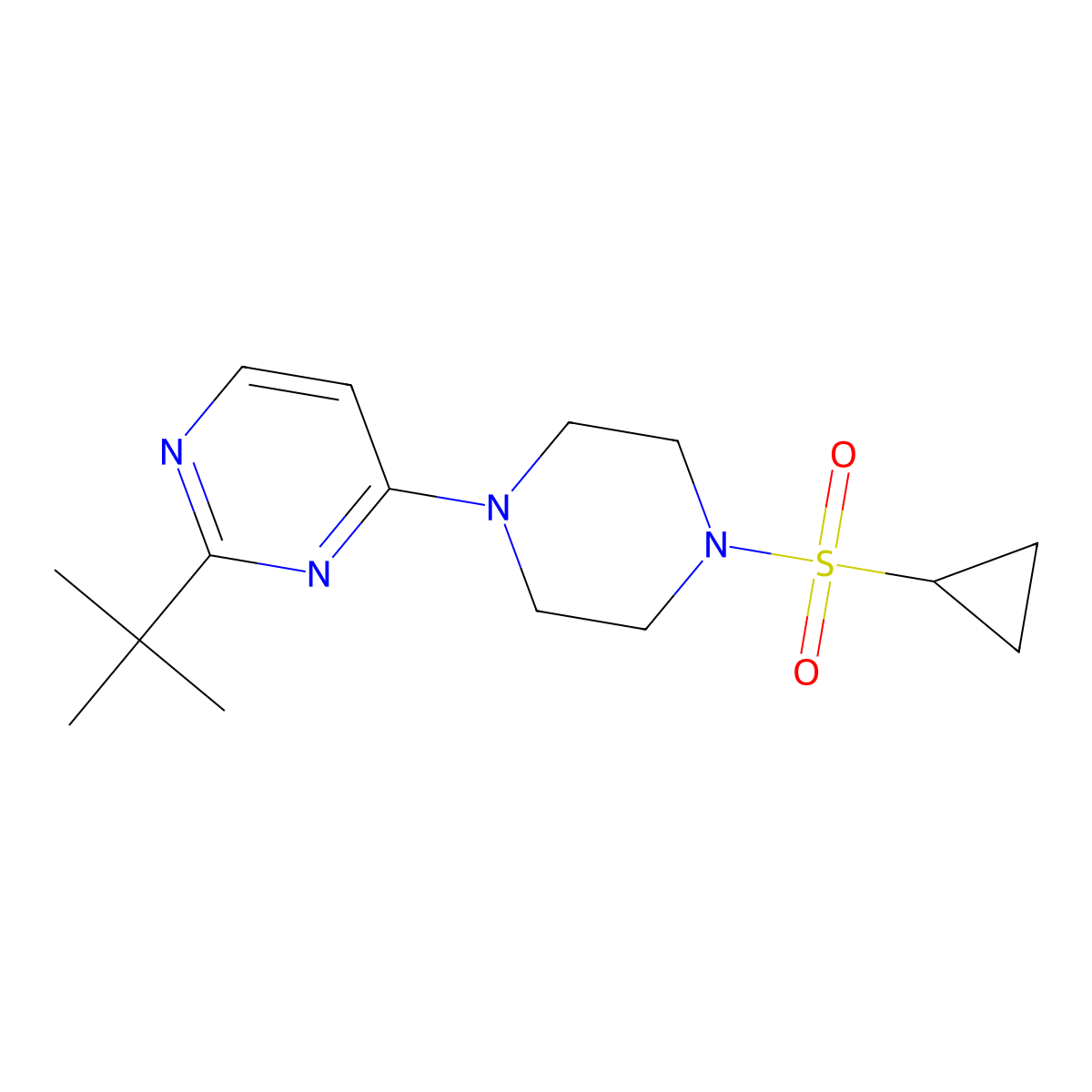 2-Tert-butyl-4-[4-(cyclopropanesulfonyl)piperazin-1-yl]pyrimidine molecular structure, CAS 2640874-57-1