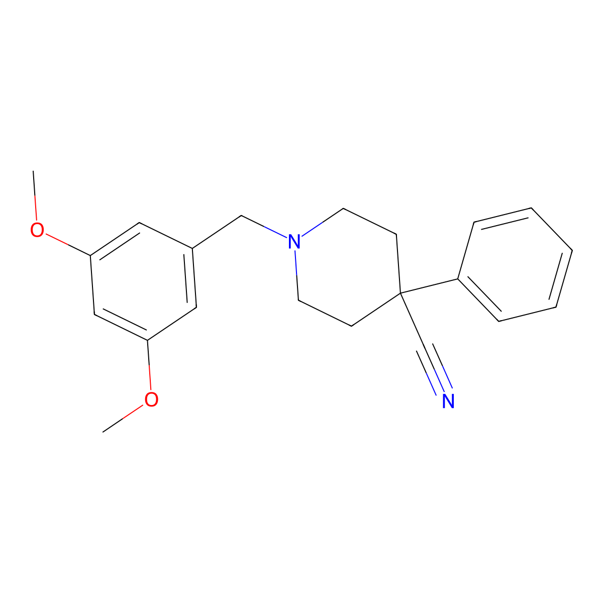 1-[(3,5-Dimethoxyphenyl)methyl]-4-phenylpiperidine-4-carbonitrile molecular structure, CAS 2640874-63-9