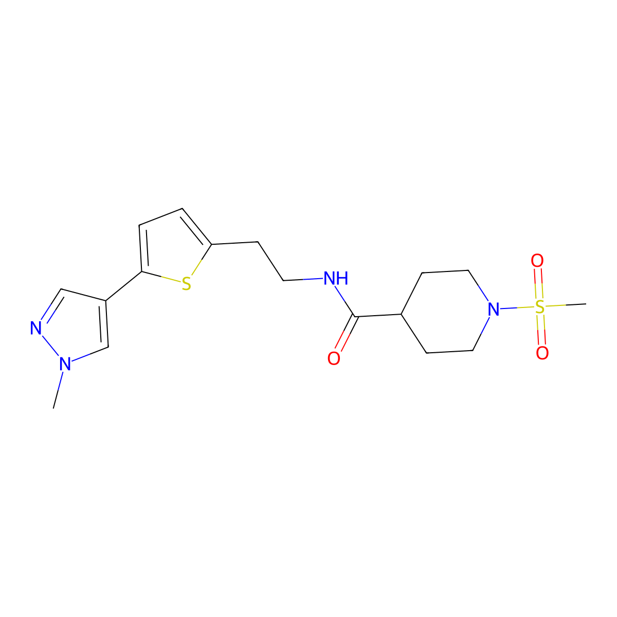 1-methanesulfonyl-N-{2-[5-(1-methyl-1H-pyrazol-4-yl)thiophen-2-yl]ethyl}piperidine-4-carboxamide molecular structure, CAS 2640874-64-0