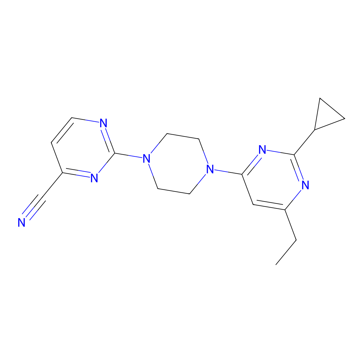 2-[4-(2-Cyclopropyl-6-ethylpyrimidin-4-yl)piperazin-1-yl]pyrimidine-4-carbonitrile molecular structure, CAS 2640874-66-2