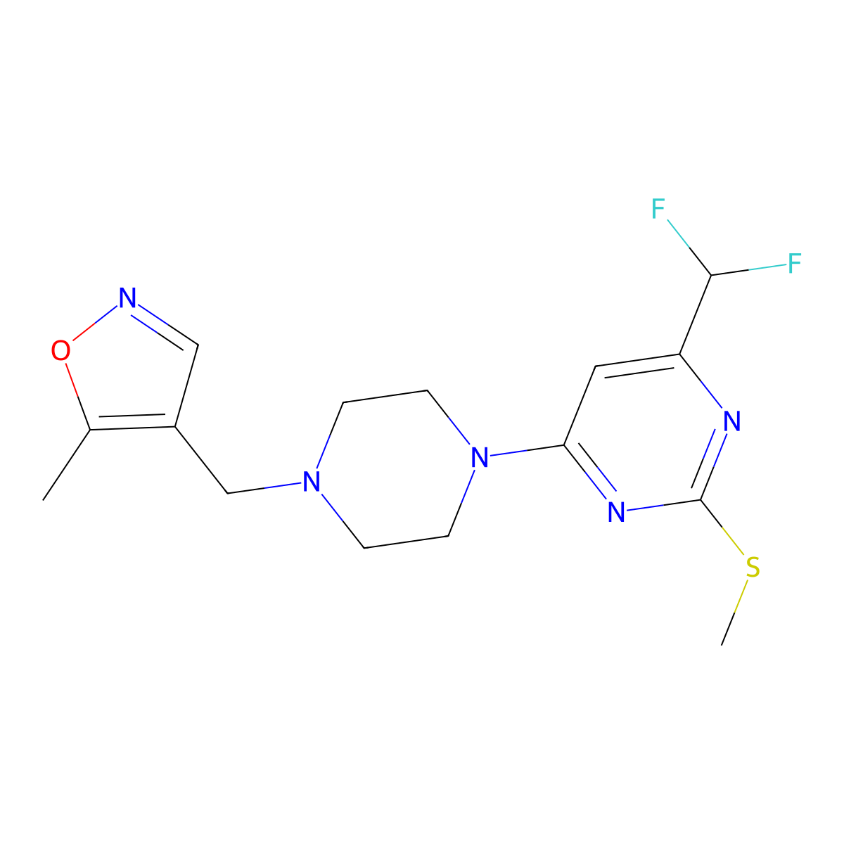 4-(Difluoromethyl)-6-{4-[(5-methyl-1,2-oxazol-4-yl)methyl]piperazin-1-yl}-2-(methylsulfanyl)pyrimidine molecular structure, CAS 2640874-67-3