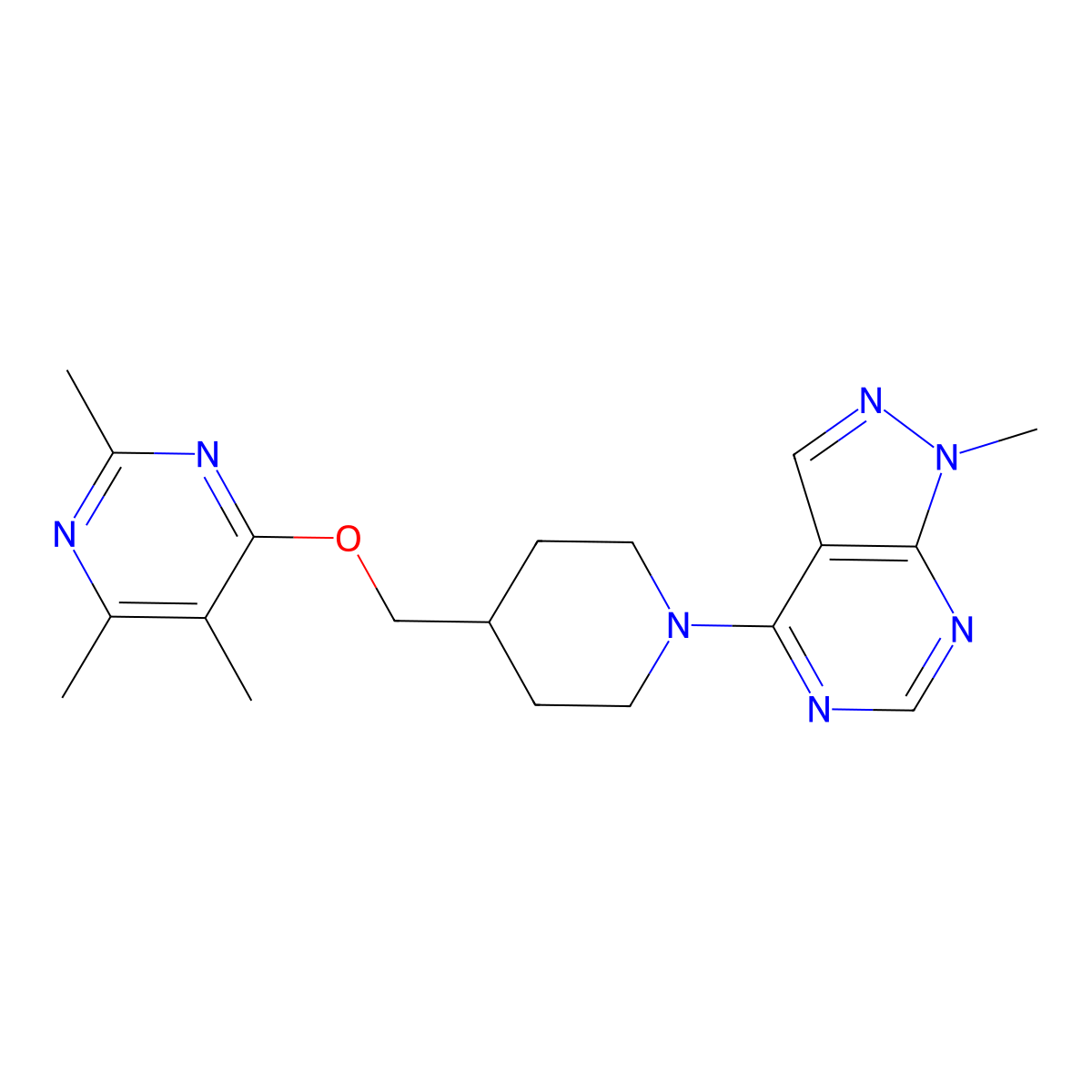 2,4,5-trimethyl-6-[(1-{1-methyl-1H-pyrazolo[3,4-d]pyrimidin-4-yl}piperidin-4-yl)methoxy]pyrimidine molecular structure, CAS 2640874-68-4