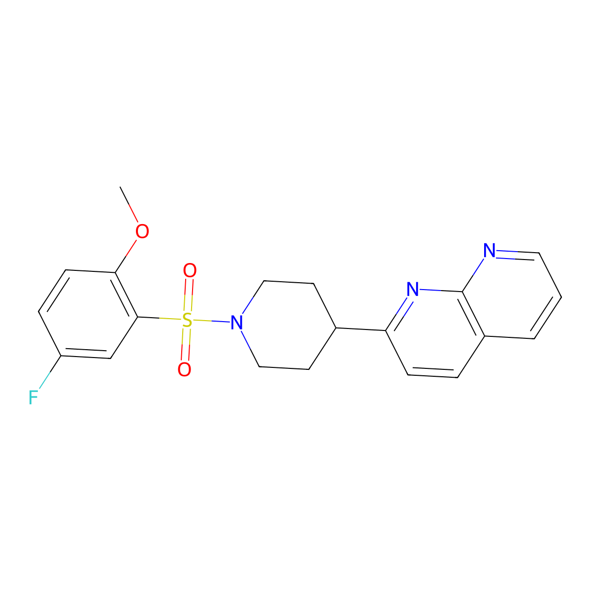 2-[1-(5-Fluoro-2-methoxybenzenesulfonyl)piperidin-4-yl]-1,8-naphthyridine molecular structure, CAS 2640874-72-0