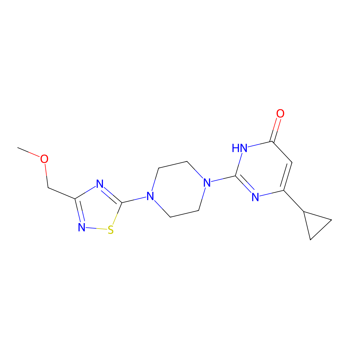6-Cyclopropyl-2-{4-[3-(methoxymethyl)-1,2,4-thiadiazol-5-yl]piperazin-1-yl}-3,4-dihydropyrimidin-4-one molecular structure, CAS 2640877-28-5