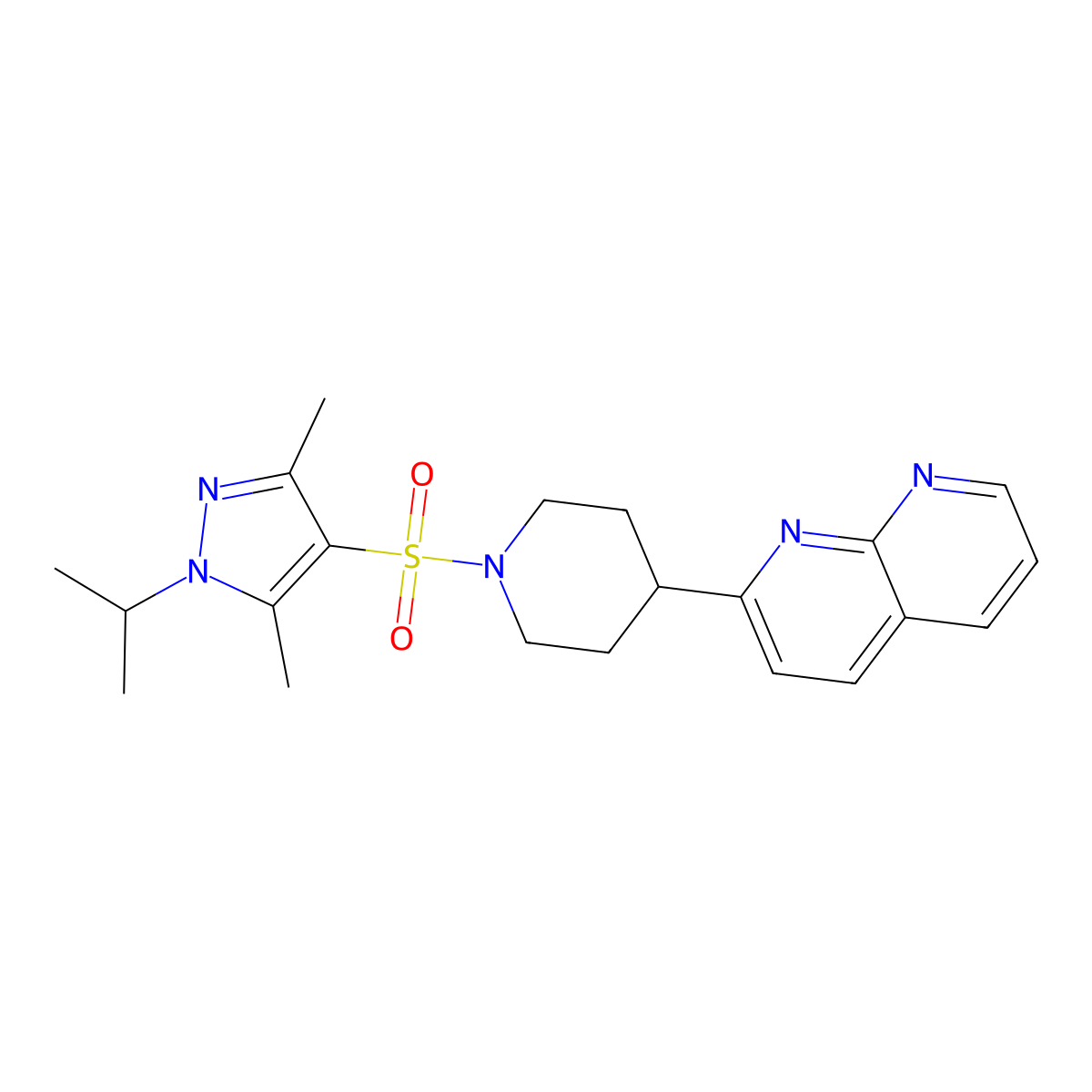 2-(1-{[3,5-dimethyl-1-(propan-2-yl)-1H-pyrazol-4-yl]sulfonyl}piperidin-4-yl)-1,8-naphthyridine molecular structure, CAS 2640877-29-6