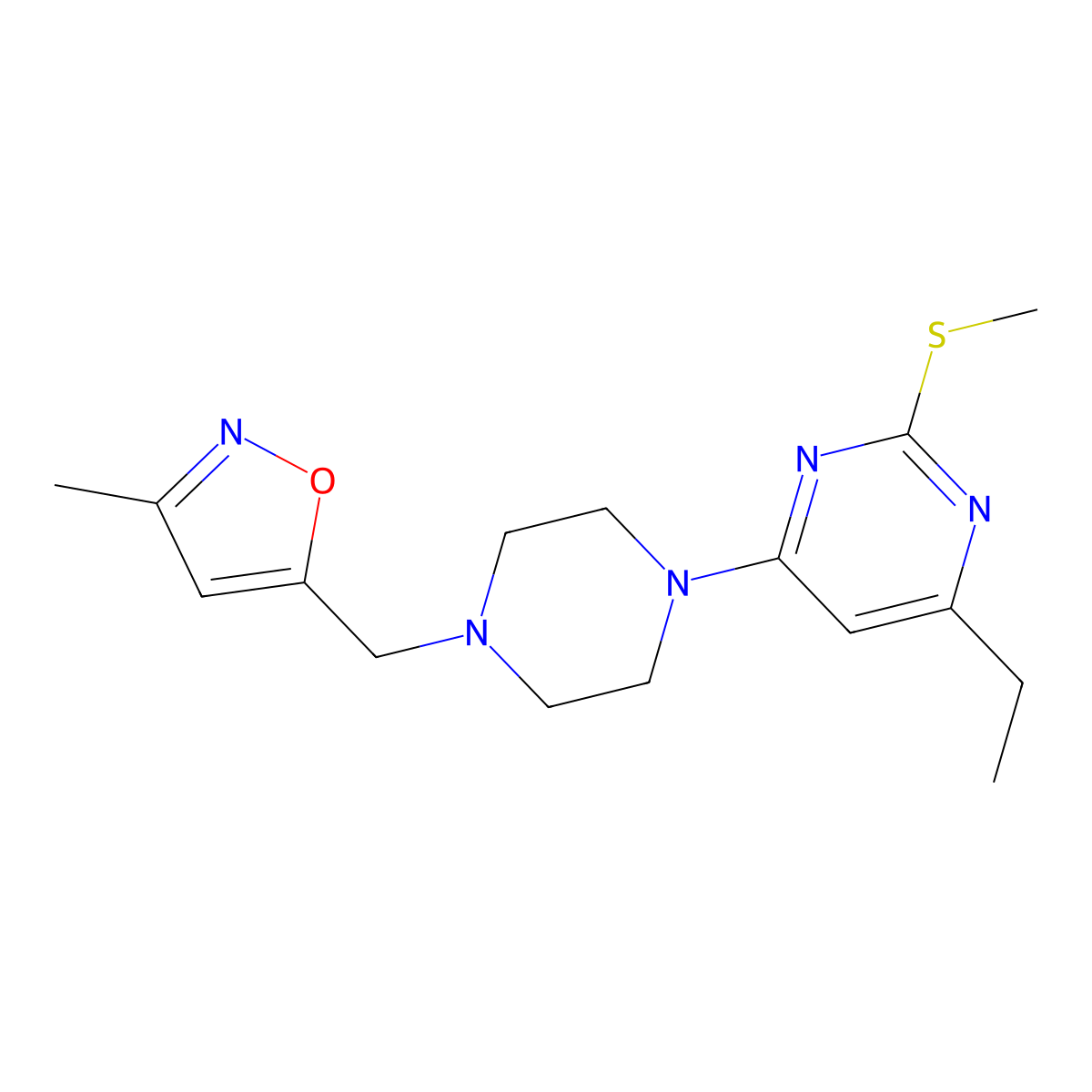 4-Ethyl-6-{4-[(3-methyl-1,2-oxazol-5-yl)methyl]piperazin-1-yl}-2-(methylsulfanyl)pyrimidine molecular structure, CAS 2640877-33-2