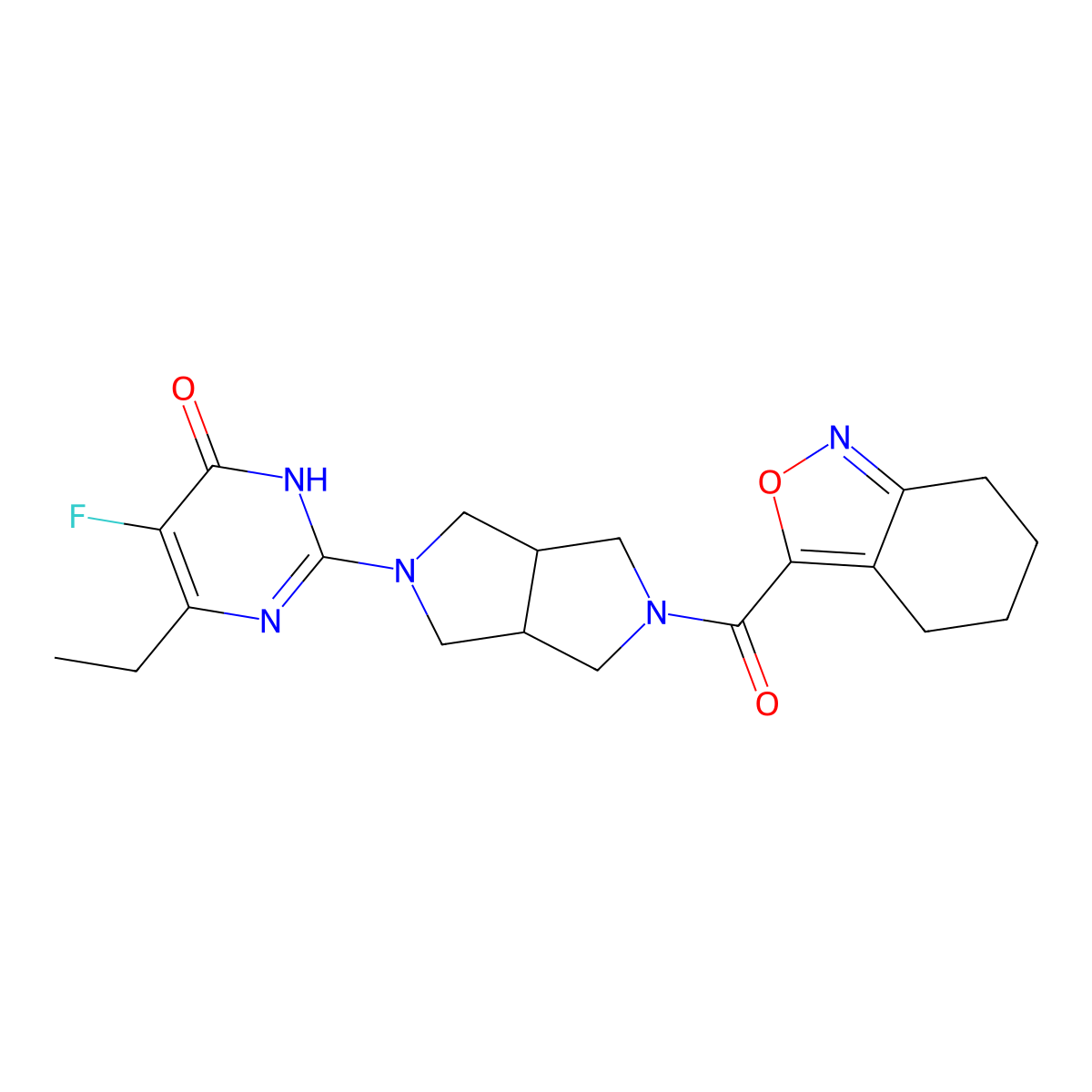 6-Ethyl-5-fluoro-2-[5-(4,5,6,7-tetrahydro-2,1-benzoxazole-3-carbonyl)-octahydropyrrolo[3,4-c]pyrrol-2-yl]-3,4-dihydropyrimidin-4-one molecular structure, CAS 2640877-34-3