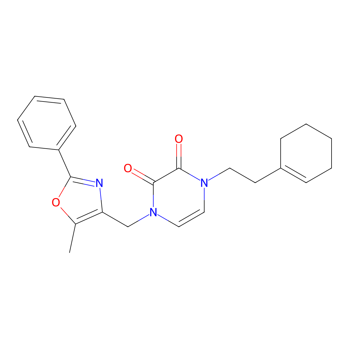 1-[2-(Cyclohex-1-en-1-yl)ethyl]-4-[(5-methyl-2-phenyl-1,3-oxazol-4-yl)methyl]-1,2,3,4-tetrahydropyrazine-2,3-dione molecular structure, CAS 2640877-35-4