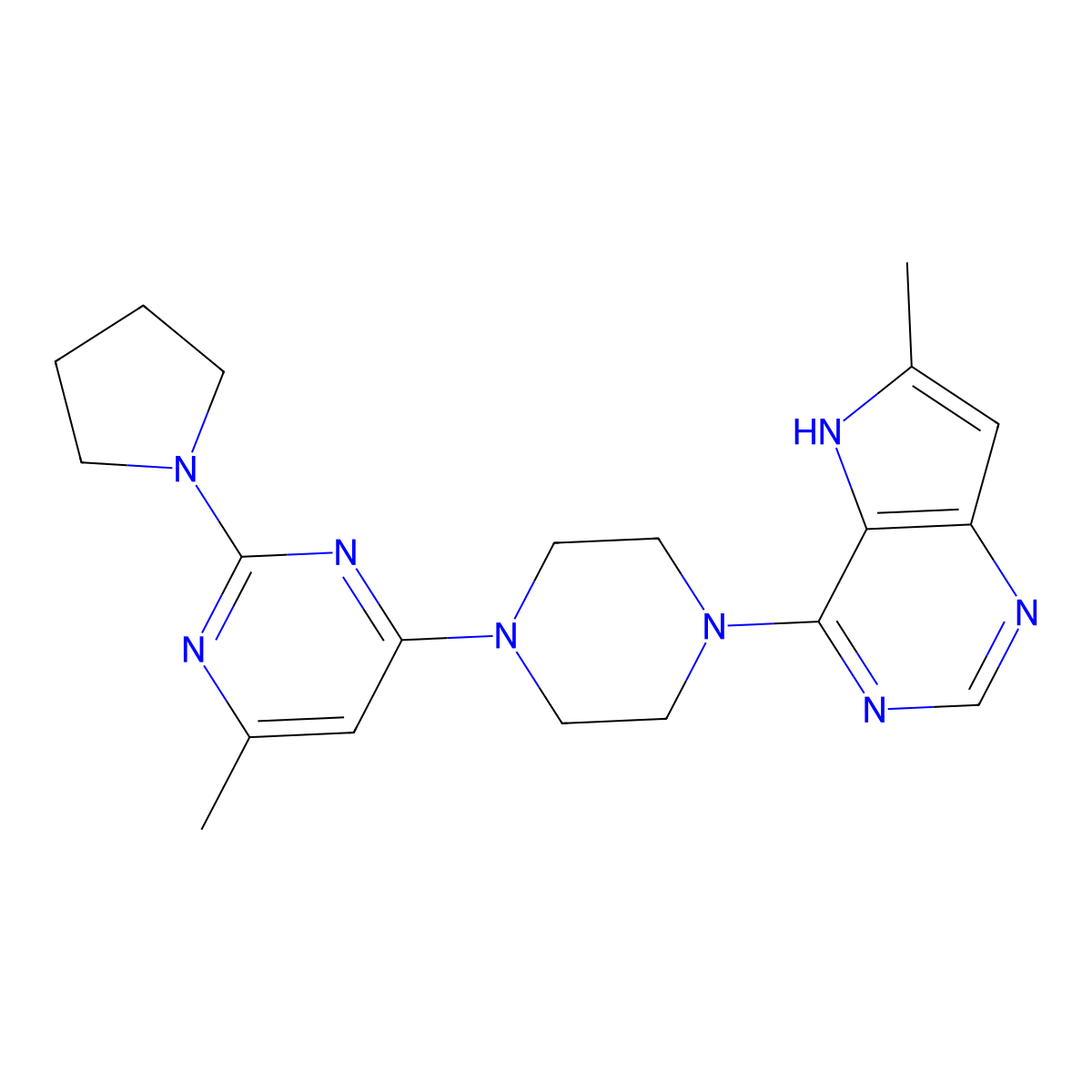 4-methyl-6-(4-{6-methyl-5H-pyrrolo[3,2-d]pyrimidin-4-yl}piperazin-1-yl)-2-(pyrrolidin-1-yl)pyrimidine molecular structure, CAS 2640877-43-4
