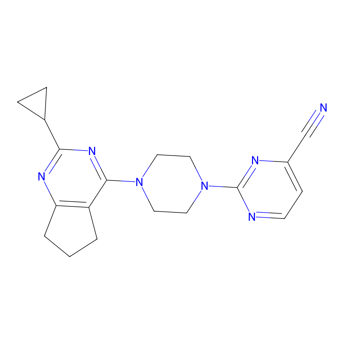 2-(4-{2-cyclopropyl-5H,6H,7H-cyclopenta[d]pyrimidin-4-yl}piperazin-1-yl)pyrimidine-4-carbonitrile molecular structure, CAS 2640877-44-5