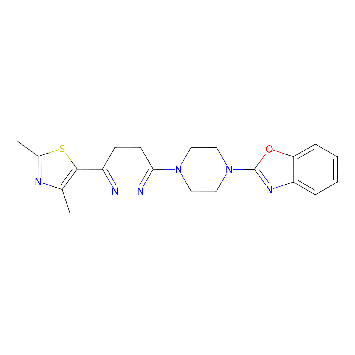 2-{4-[6-(2,4-Dimethyl-1,3-thiazol-5-yl)pyridazin-3-yl]piperazin-1-yl}-1,3-benzoxazole molecular structure, CAS 2640877-49-0
