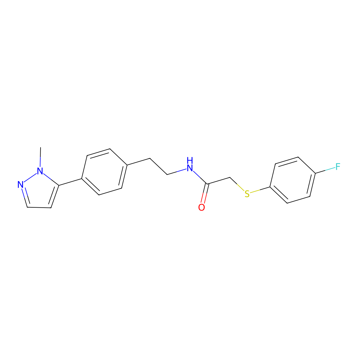 2-[(4-fluorophenyl)sulfanyl]-N-{2-[4-(1-methyl-1H-pyrazol-5-yl)phenyl]ethyl}acetamide molecular structure, CAS 2640877-50-3