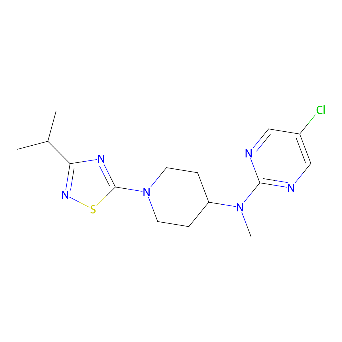 5-chloro-N-methyl-N-{1-[3-(propan-2-yl)-1,2,4-thiadiazol-5-yl]piperidin-4-yl}pyrimidin-2-amine molecular structure, CAS 2640877-55-8