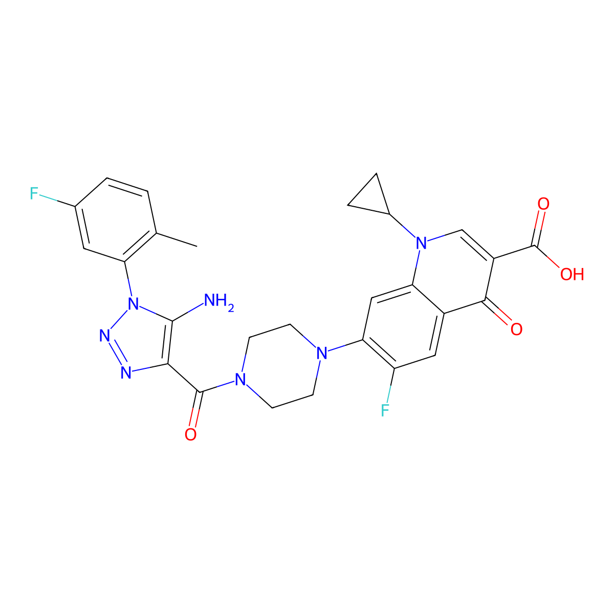 7-{4-[5-amino-1-(5-fluoro-2-methylphenyl)-1H-1,2,3-triazole-4-carbonyl]piperazin-1-yl}-1-cyclopropyl-6-fluoro-4-oxo-1,4-dihydroquinoline-3-carboxylic acid molecular structure, CAS 2640877-56-9