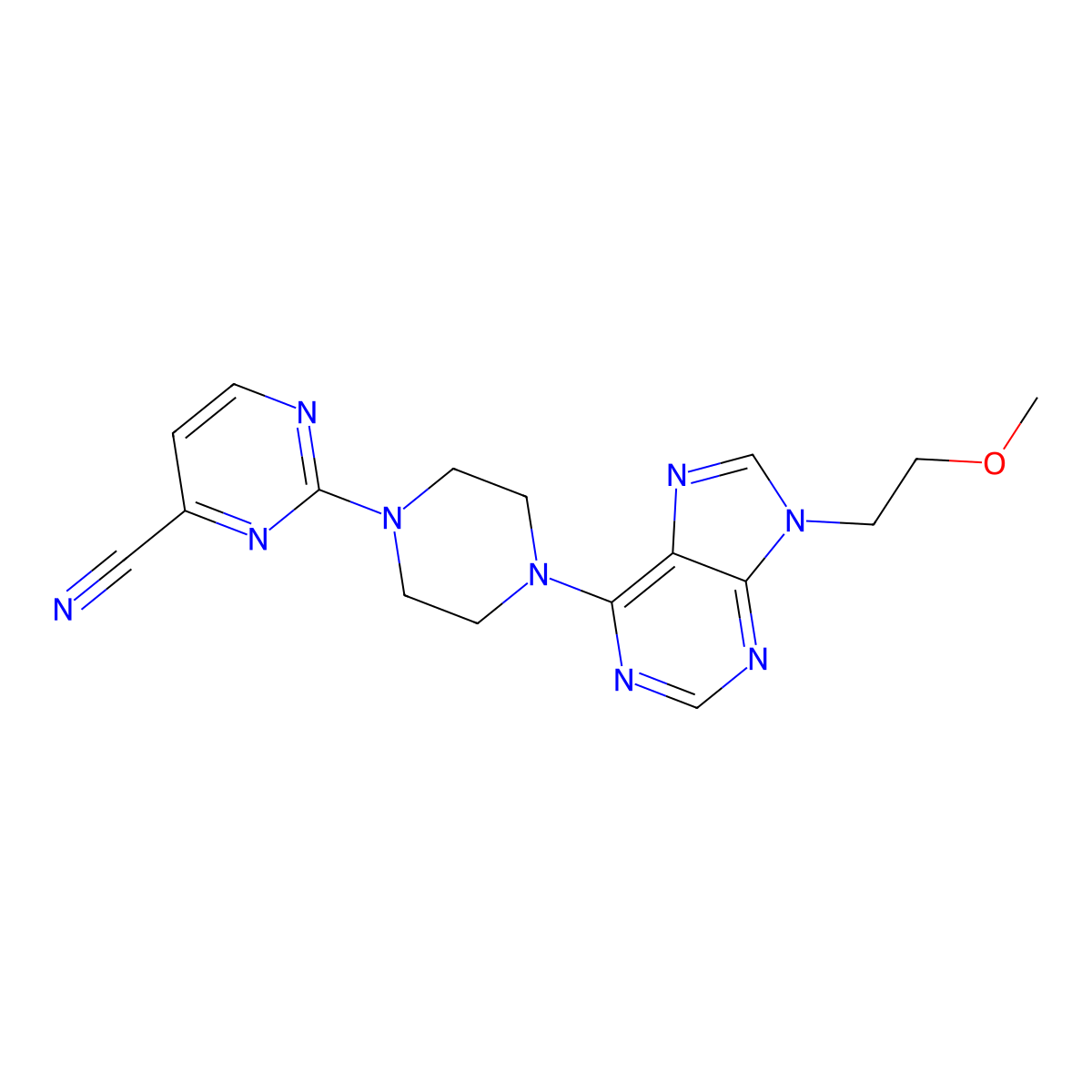 2-{4-[9-(2-methoxyethyl)-9H-purin-6-yl]piperazin-1-yl}pyrimidine-4-carbonitrile molecular structure, CAS 2640877-60-5