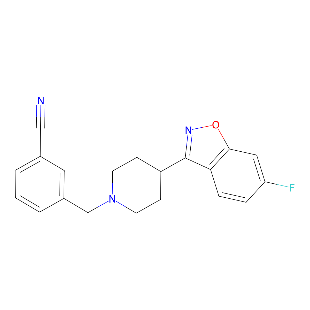 3-{[4-(6-Fluoro-1,2-benzoxazol-3-yl)piperidin-1-yl]methyl}benzonitrile molecular structure, CAS 2640877-61-6
