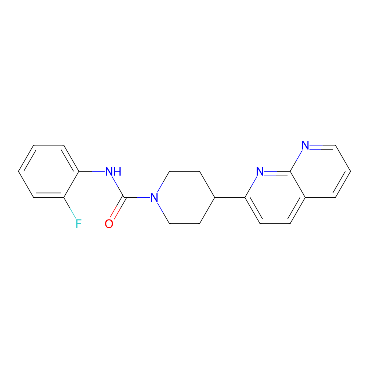 N-(2-fluorophenyl)-4-(1,8-naphthyridin-2-yl)piperidine-1-carboxamide molecular structure, CAS 2640877-67-2