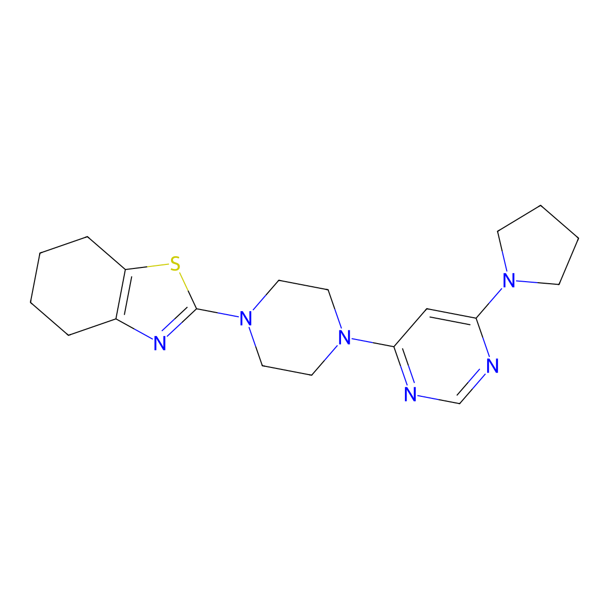 2-{4-[6-(Pyrrolidin-1-yl)pyrimidin-4-yl]piperazin-1-yl}-4,5,6,7-tetrahydro-1,3-benzothiazole molecular structure, CAS 2640877-70-7