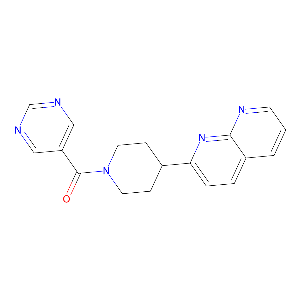 2-[1-(Pyrimidine-5-carbonyl)piperidin-4-yl]-1,8-naphthyridine molecular structure, CAS 2640877-72-9
