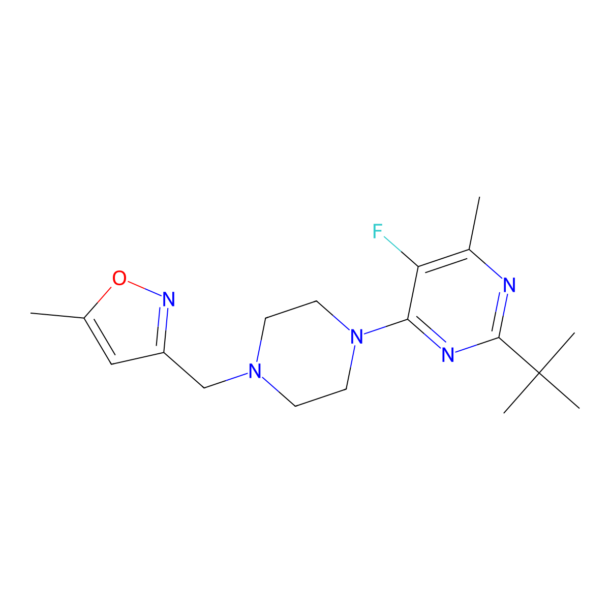 2-Tert-butyl-5-fluoro-4-methyl-6-{4-[(5-methyl-1,2-oxazol-3-yl)methyl]piperazin-1-yl}pyrimidine molecular structure, CAS 2640877-74-1