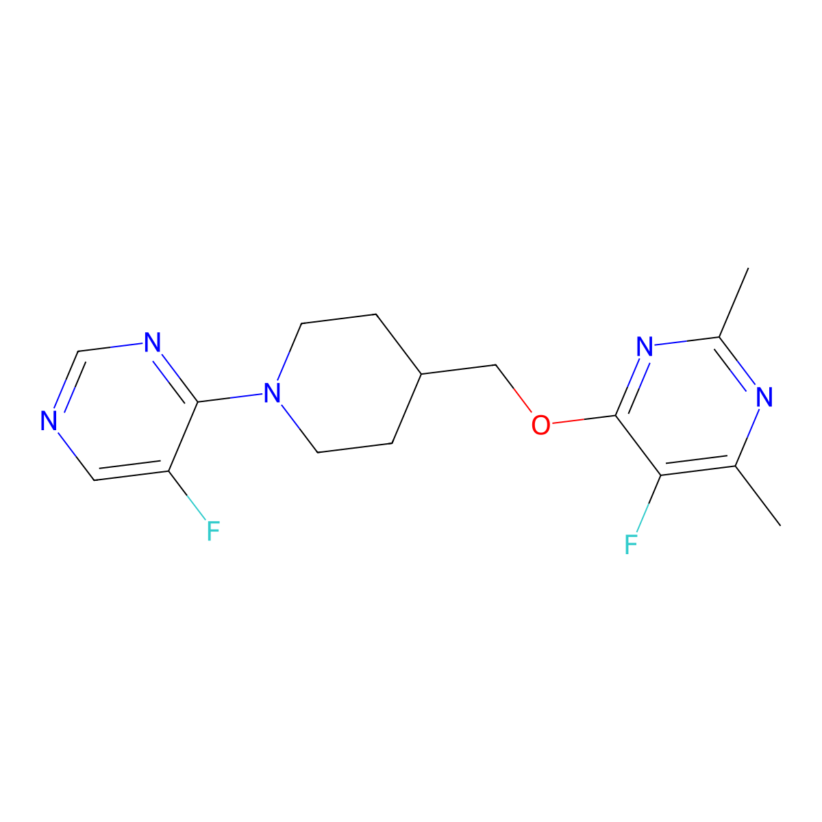 5-Fluoro-4-{[1-(5-fluoropyrimidin-4-yl)piperidin-4-yl]methoxy}-2,6-dimethylpyrimidine molecular structure, CAS 2640877-77-4