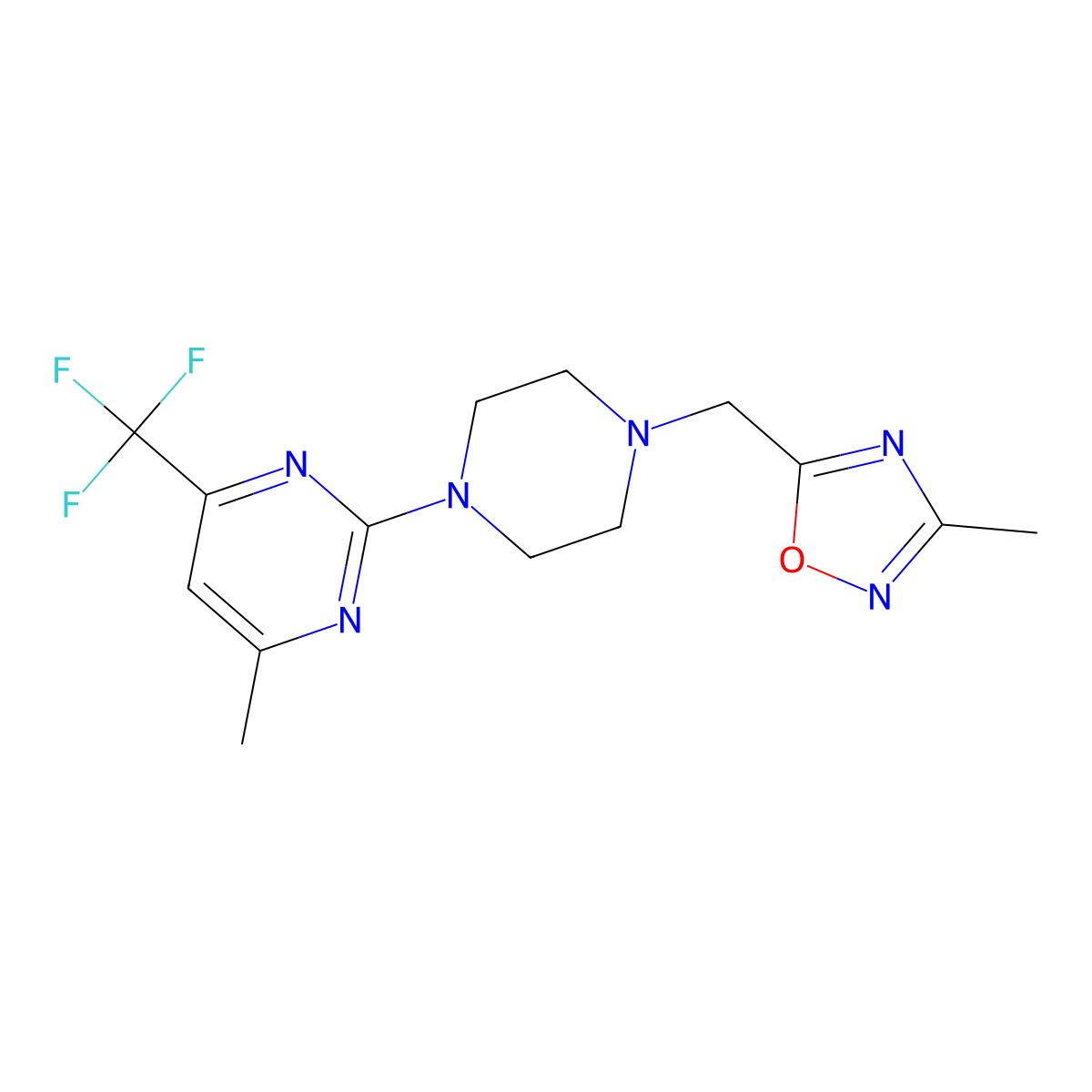 4-Methyl-2-{4-[(3-methyl-1,2,4-oxadiazol-5-yl)methyl]piperazin-1-yl}-6-(trifluoromethyl)pyrimidine molecular structure, CAS 2640877-80-9