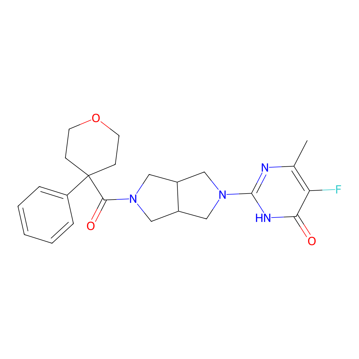 5-Fluoro-6-methyl-2-[5-(4-phenyloxane-4-carbonyl)-octahydropyrrolo[3,4-c]pyrrol-2-yl]-3,4-dihydropyrimidin-4-one molecular structure, CAS 2640877-83-2