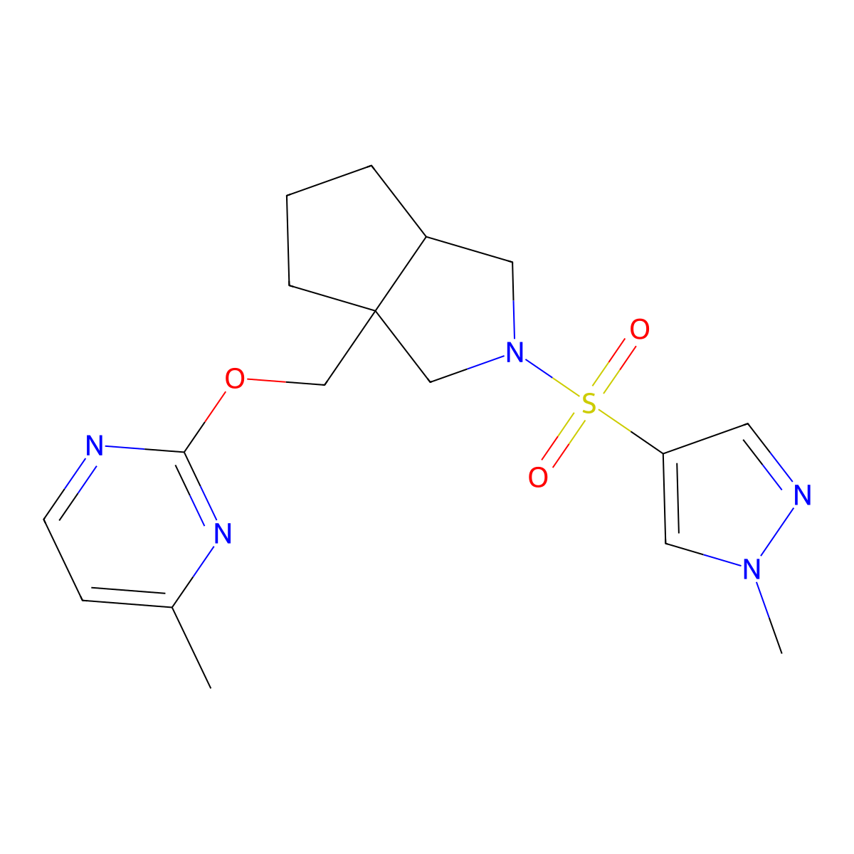 4-methyl-2-({2-[(1-methyl-1H-pyrazol-4-yl)sulfonyl]-octahydrocyclopenta[c]pyrrol-3a-yl}methoxy)pyrimidine molecular structure, CAS 2640877-86-5