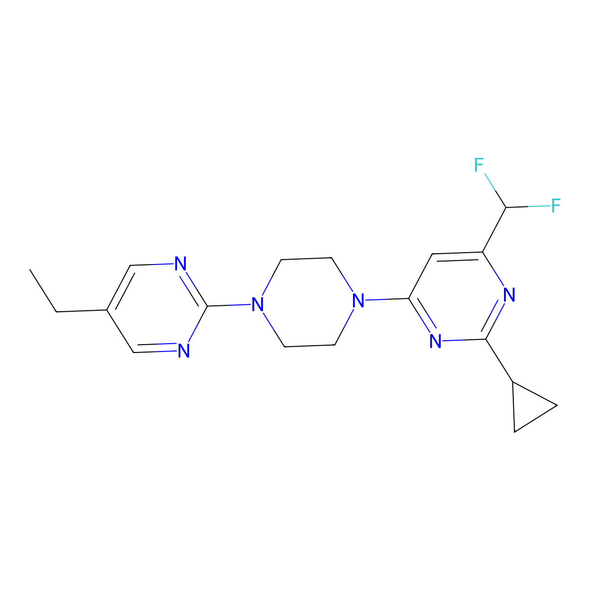 2-Cyclopropyl-4-(difluoromethyl)-6-[4-(5-ethylpyrimidin-2-yl)piperazin-1-yl]pyrimidine molecular structure, CAS 2640877-89-8