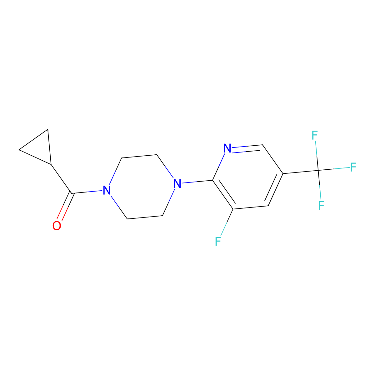 1-Cyclopropanecarbonyl-4-[3-fluoro-5-(trifluoromethyl)pyridin-2-yl]piperazine molecular structure, CAS 2640877-92-3