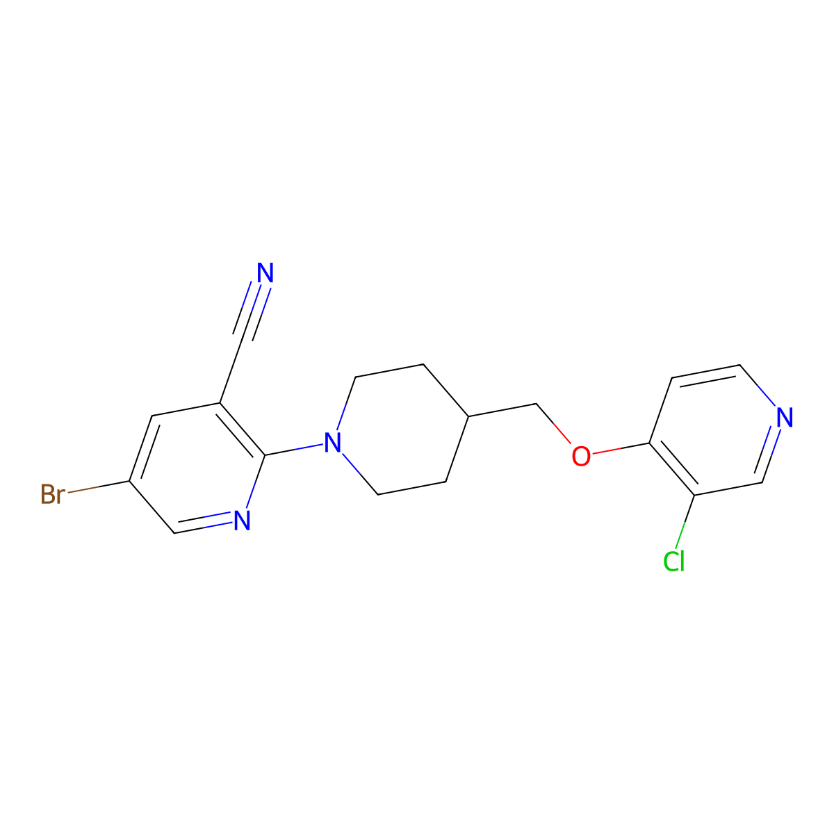 5-Bromo-2-(4-{[(3-chloropyridin-4-yl)oxy]methyl}piperidin-1-yl)pyridine-3-carbonitrile molecular structure, CAS 2640877-93-4