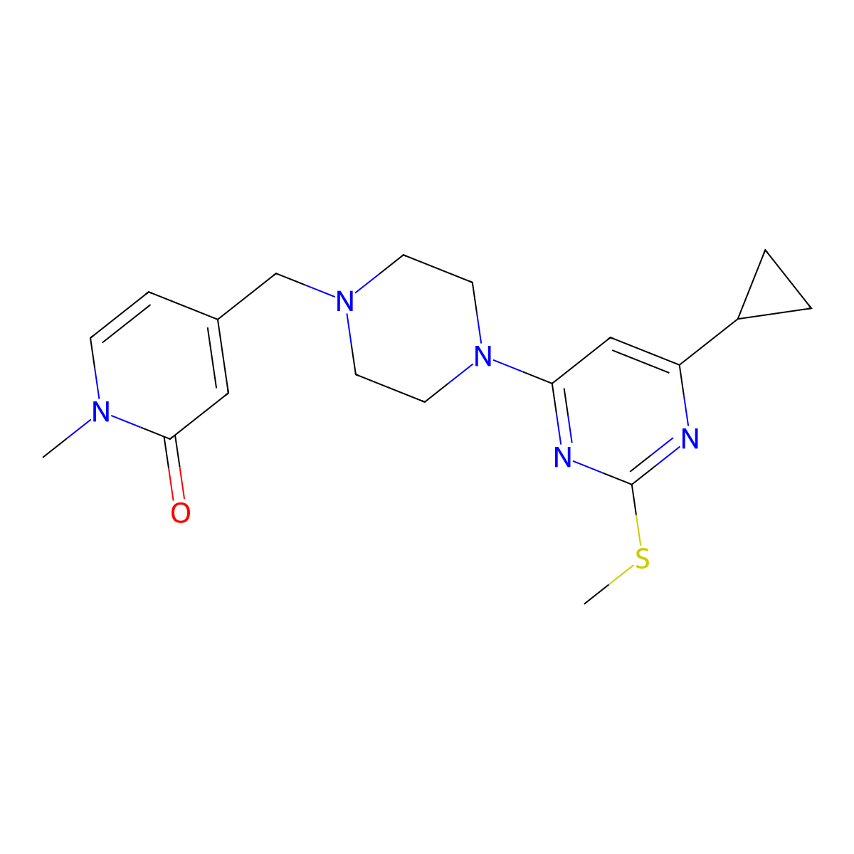 4-({4-[6-Cyclopropyl-2-(methylsulfanyl)pyrimidin-4-yl]piperazin-1-yl}methyl)-1-methyl-1,2-dihydropyridin-2-one molecular structure, CAS 2640877-98-9