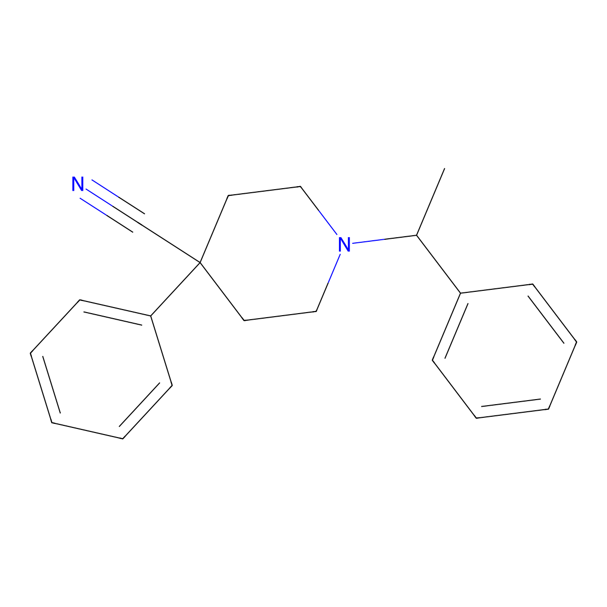 4-Phenyl-1-(1-phenylethyl)piperidine-4-carbonitrile molecular structure, CAS 2640878-01-7