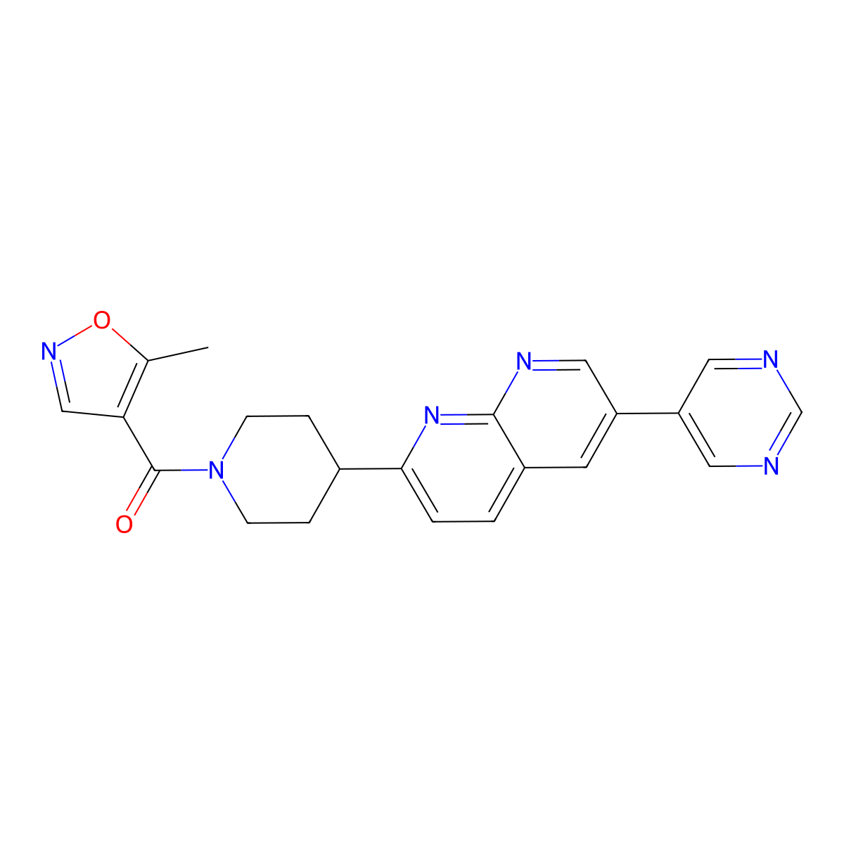 2-[1-(5-Methyl-1,2-oxazole-4-carbonyl)piperidin-4-yl]-6-(pyrimidin-5-yl)-1,8-naphthyridine molecular structure, CAS 2640878-21-1
