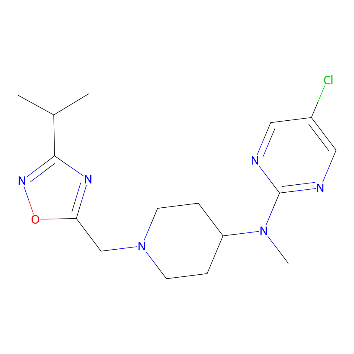 5-chloro-N-methyl-N-(1-{[3-(propan-2-yl)-1,2,4-oxadiazol-5-yl]methyl}piperidin-4-yl)pyrimidin-2-amine molecular structure, CAS 2640878-33-5