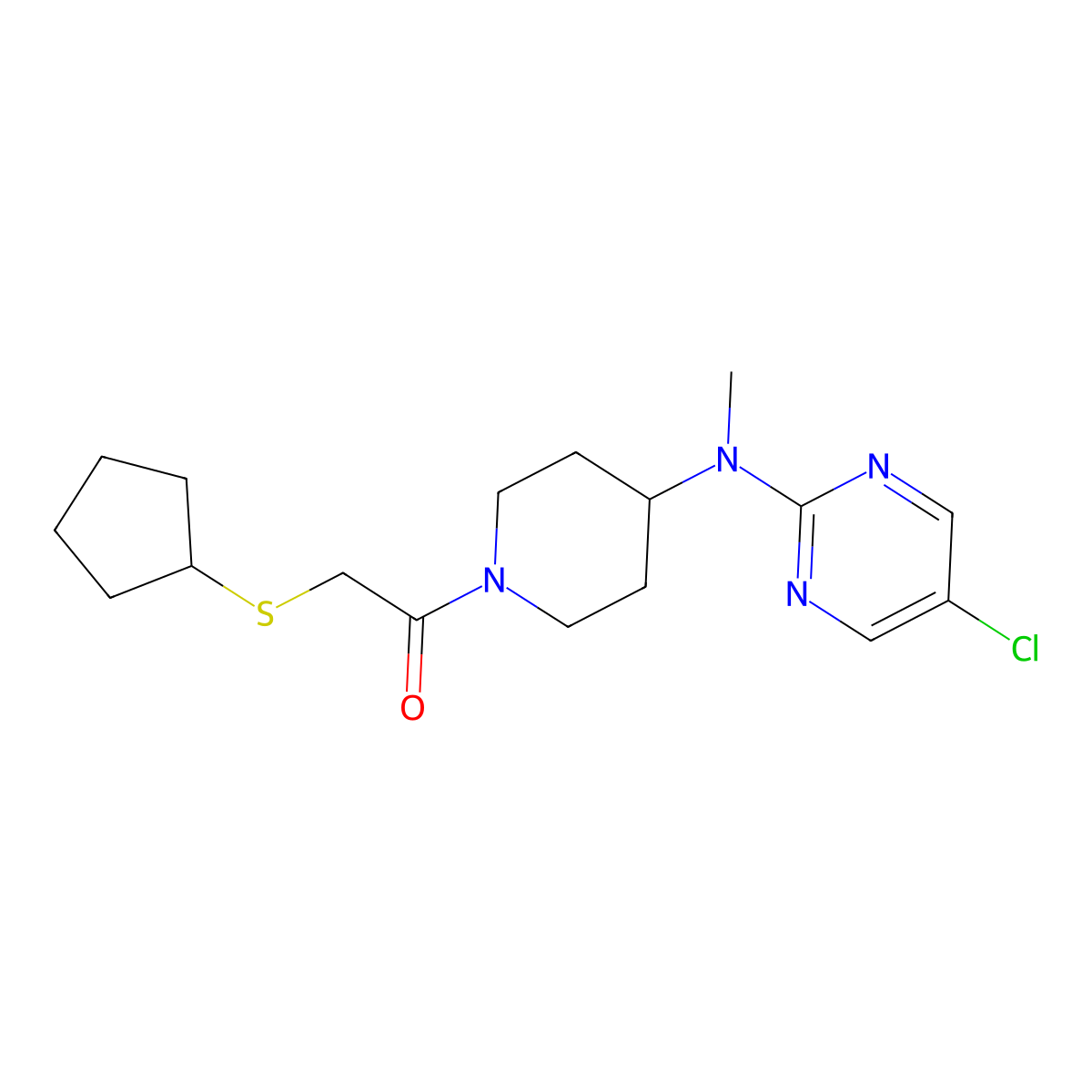 1-{4-[(5-Chloropyrimidin-2-yl)(methyl)amino]piperidin-1-yl}-2-(cyclopentylsulfanyl)ethan-1-one molecular structure, CAS 2640878-36-8