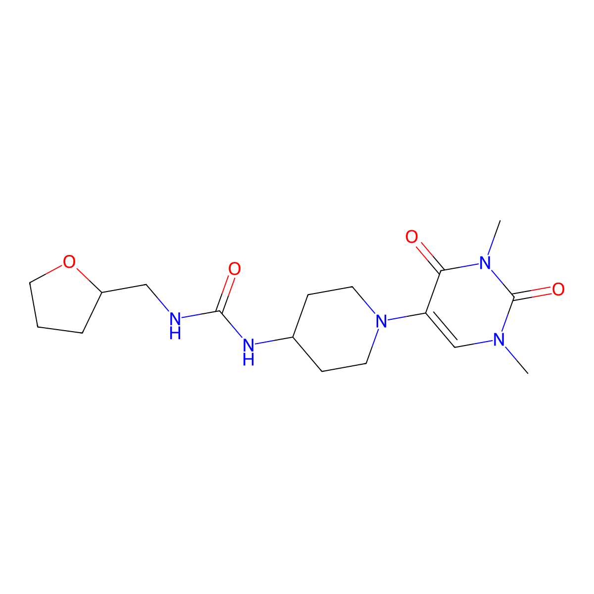 1-[1-(1,3-Dimethyl-2,4-dioxo-1,2,3,4-tetrahydropyrimidin-5-yl)piperidin-4-yl]-3-[(oxolan-2-yl)methyl]urea molecular structure, CAS 2640878-37-9