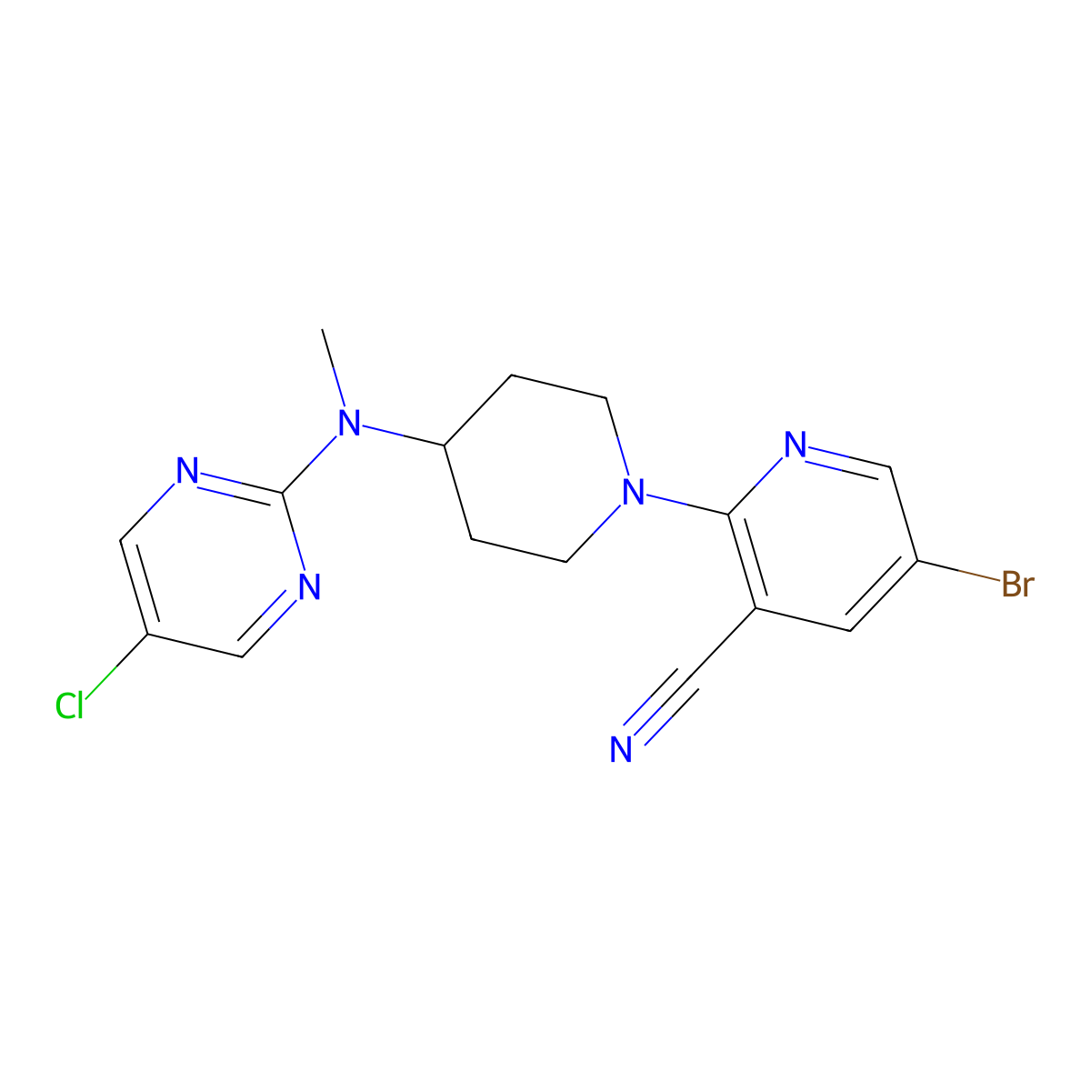 5-Bromo-2-{4-[(5-chloropyrimidin-2-yl)(methyl)amino]piperidin-1-yl}pyridine-3-carbonitrile molecular structure, CAS 2640878-40-4