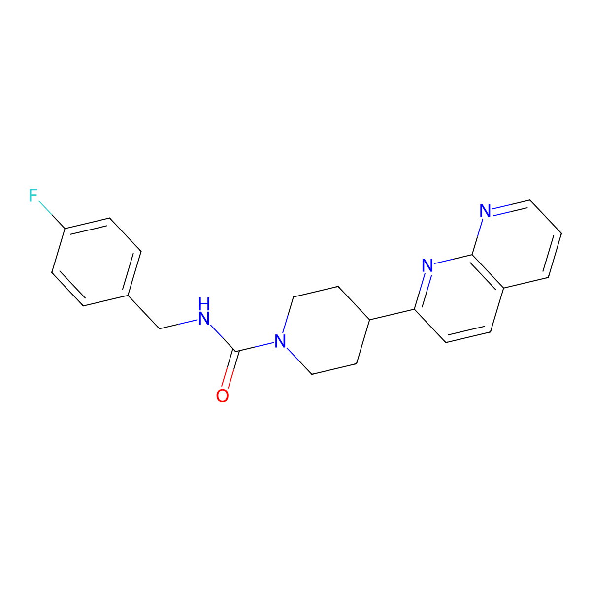 N-[(4-fluorophenyl)methyl]-4-(1,8-naphthyridin-2-yl)piperidine-1-carboxamide molecular structure, CAS 2640878-49-3