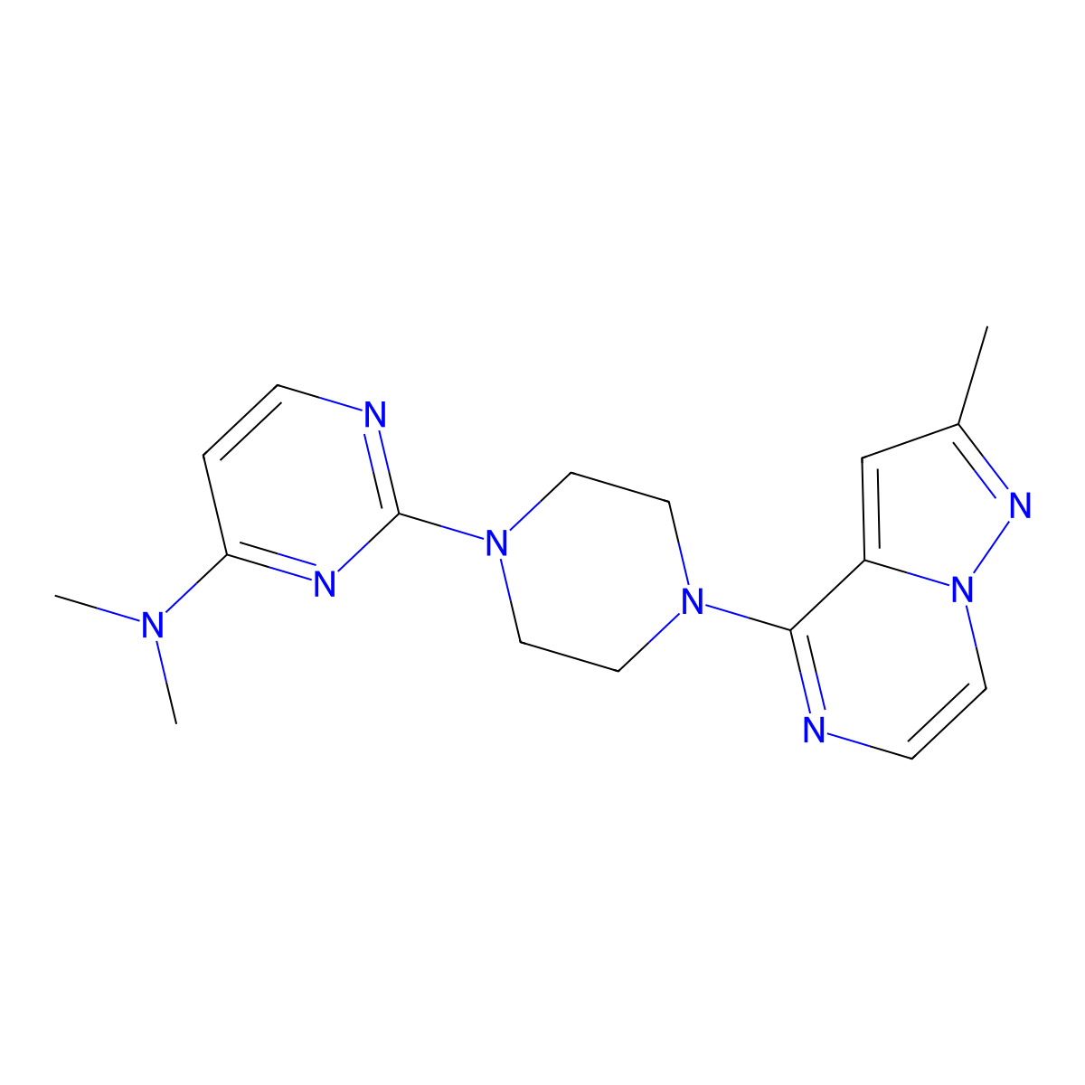 N,N-dimethyl-2-(4-{2-methylpyrazolo[1,5-a]pyrazin-4-yl}piperazin-1-yl)pyrimidin-4-amine molecular structure, CAS 2640878-50-6