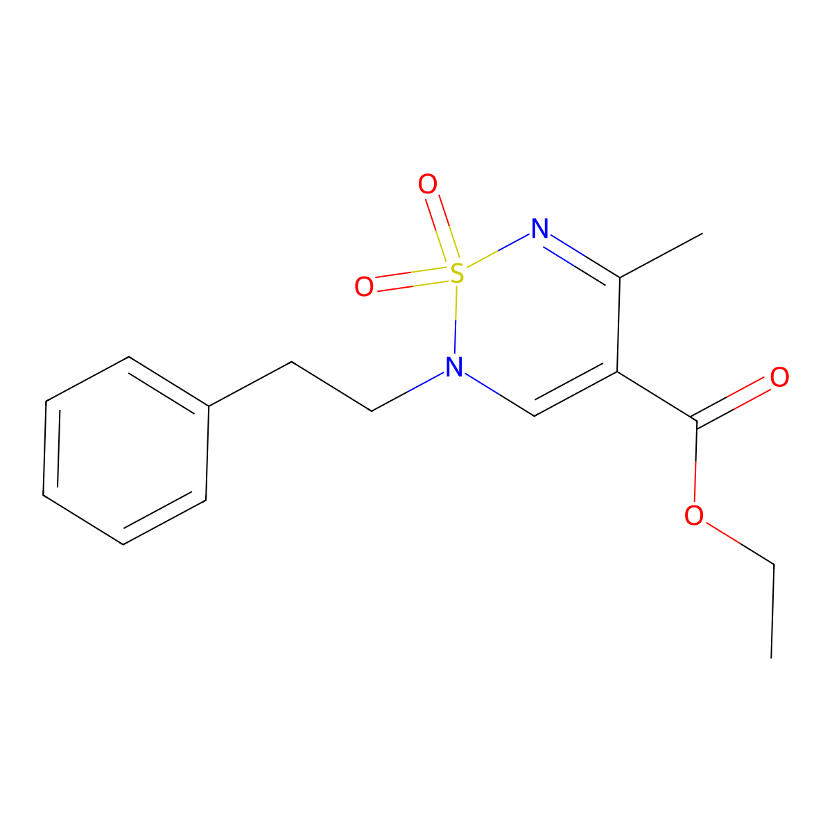 ethyl 5-methyl-1,1-dioxo-2-(2-phenylethyl)-2H-1lambda6,2,6-thiadiazine-4-carboxylate molecular structure, CAS 2640878-51-7