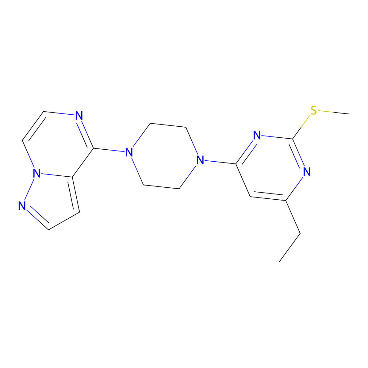 4-Ethyl-2-(methylsulfanyl)-6-(4-{pyrazolo[1,5-a]pyrazin-4-yl}piperazin-1-yl)pyrimidine molecular structure, CAS 2640878-52-8