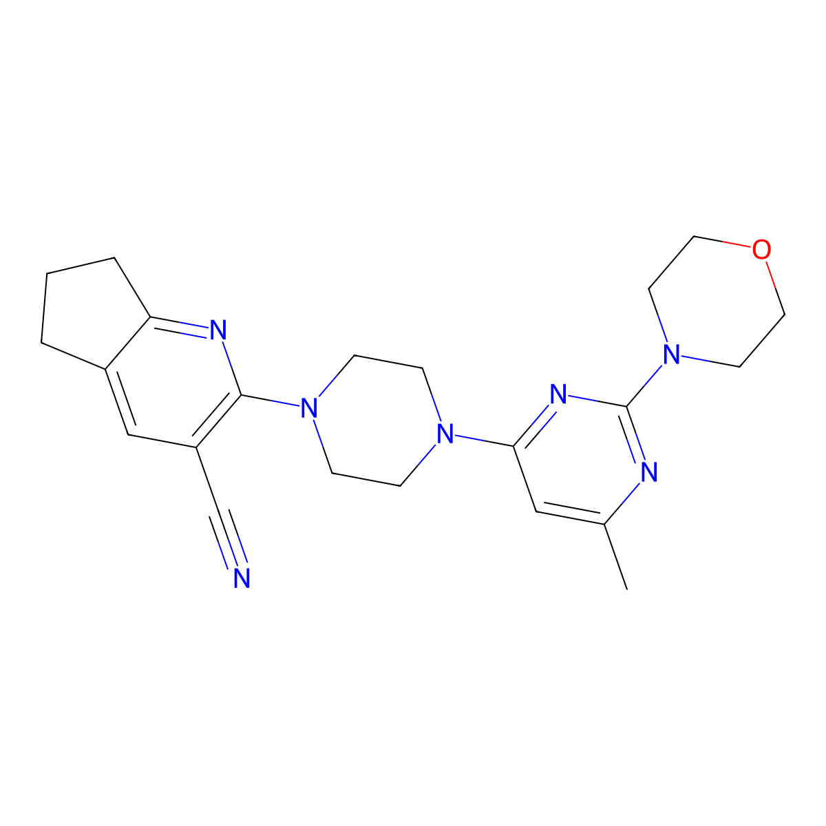 2-{4-[6-methyl-2-(morpholin-4-yl)pyrimidin-4-yl]piperazin-1-yl}-5H,6H,7H-cyclopenta[b]pyridine-3-carbonitrile molecular structure, CAS 2640878-63-1