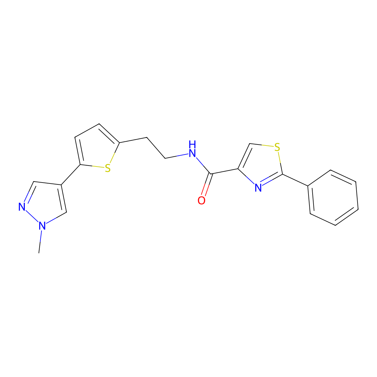 N-{2-[5-(1-methyl-1H-pyrazol-4-yl)thiophen-2-yl]ethyl}-2-phenyl-1,3-thiazole-4-carboxamide molecular structure, CAS 2640878-64-2
